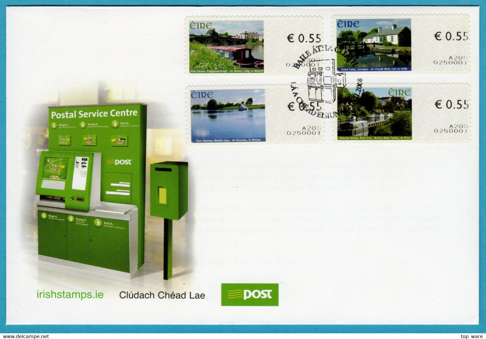 EIRE IRELAND ATM STAMPS / INLAND WATERWAYS / 2008 FIRST ISSUE SOAR FDC / Automatenmarken Distributeur Vending Machine - Franking Labels