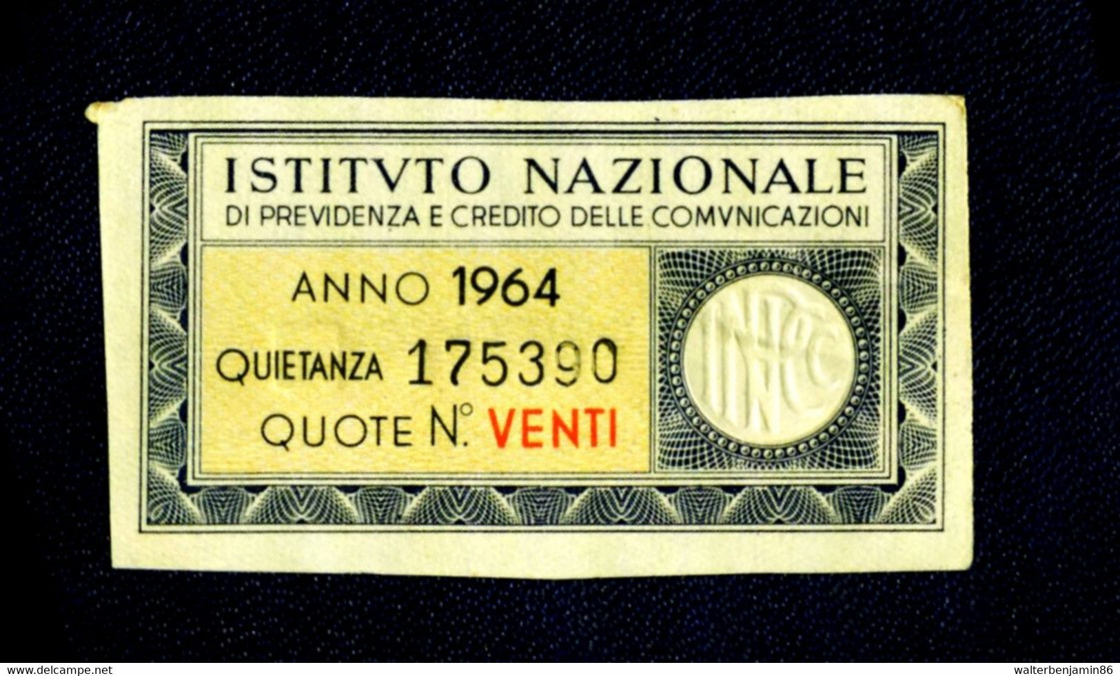 CEDOLA ISTITUTO PREVIDENZA COMUNICAZIONI CERTIFICATO QUIETANZA 20 QUOTE 1964 - S - V