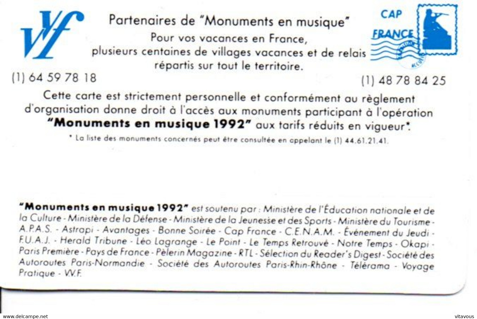 Carte Des Monuments Historique En Musique 1992  (salon 103) - Sonstige & Ohne Zuordnung