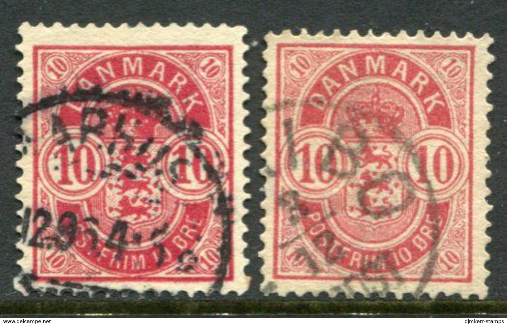 DENMARK 1884 Arms Definitive 10 Øre Perforated 14:13½ Both Shades Used . Michel 35 YAa-Ab; SG 92-93 - Used Stamps