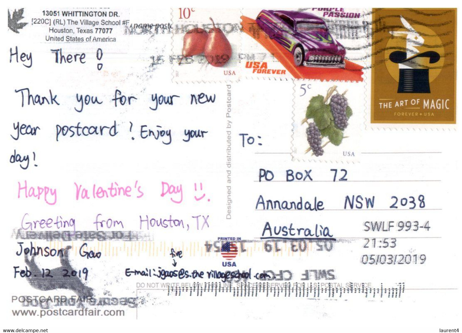 (XX 21) USA (posted To Australia) Houston (with Magic & Car + Fruits Stamps) - Cracker Jack Postcard - Houston