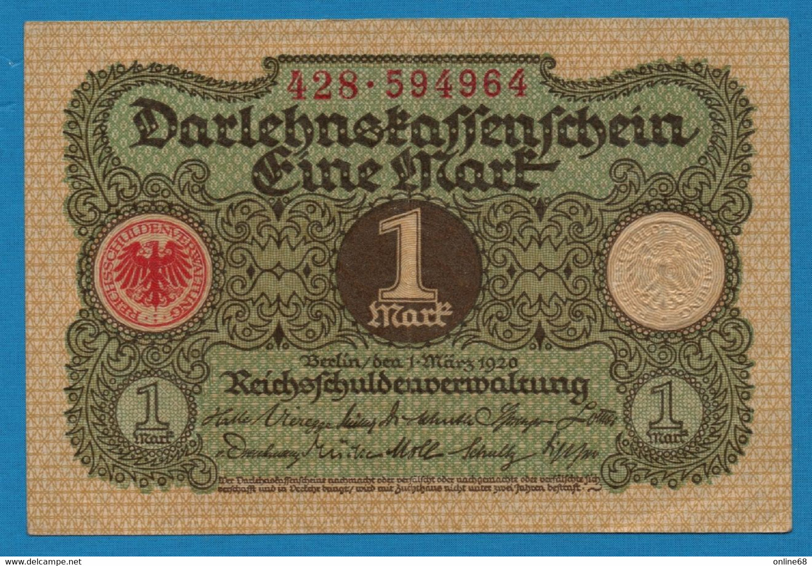 DEUTSCHES REICH 1 MARK 01.03.1920  # 428.594964 P# 58  DARLEHENSKASSENSCHEIN - Bestuur Voor Schulden