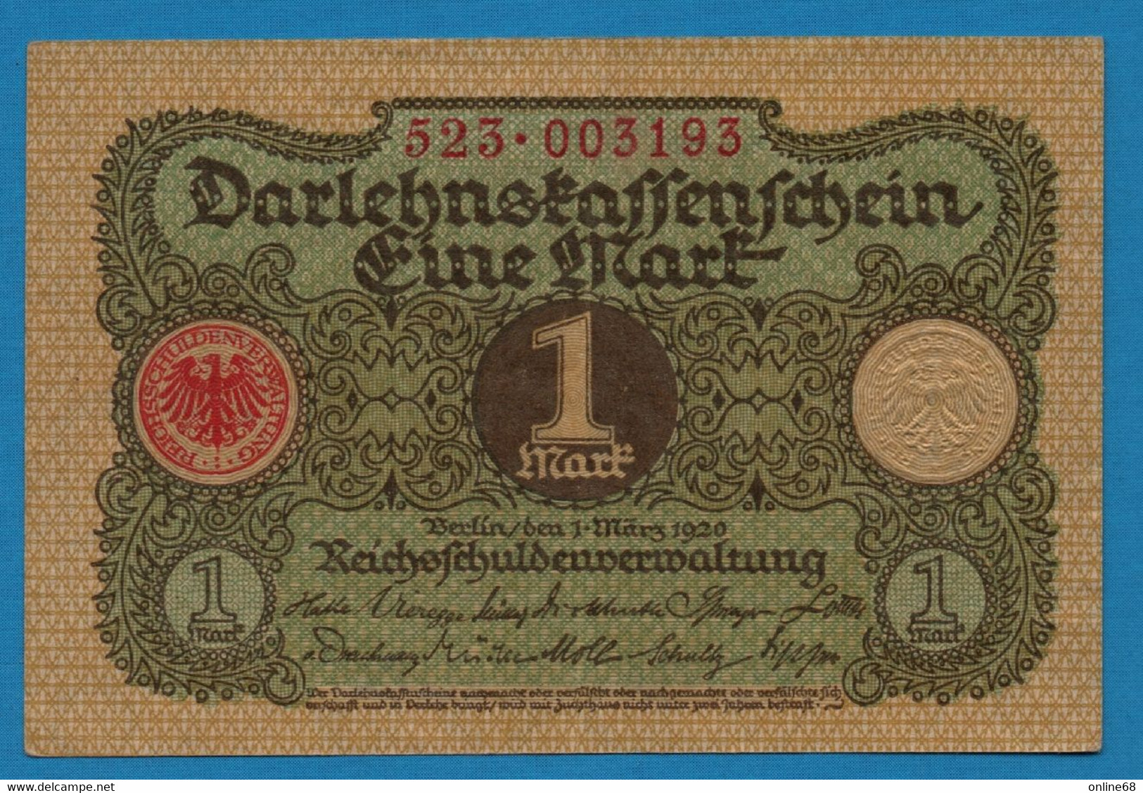 DEUTSCHES REICH 1 MARK 01.03.1920  # 523.003193 P# 58  DARLEHENSKASSENSCHEIN - Bestuur Voor Schulden