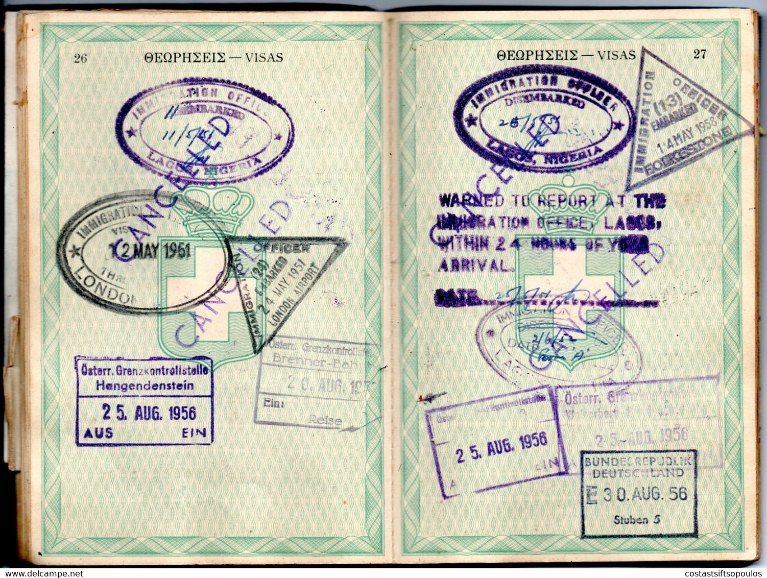 284,GREECE,NIGERIA 1946-1958 COMPLETE 72 PAGES GREEK PASSPORT MANY STAMPS AND REVENUES(125)33 SCANS