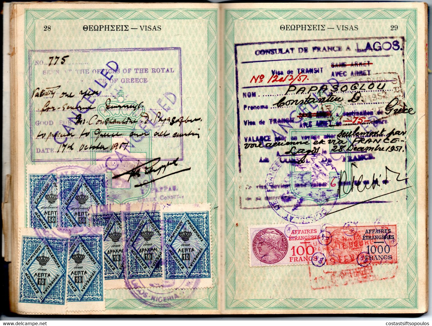 284,GREECE,NIGERIA 1946-1958 COMPLETE 72 PAGES GREEK PASSPORT MANY STAMPS AND REVENUES(125)33 SCANS