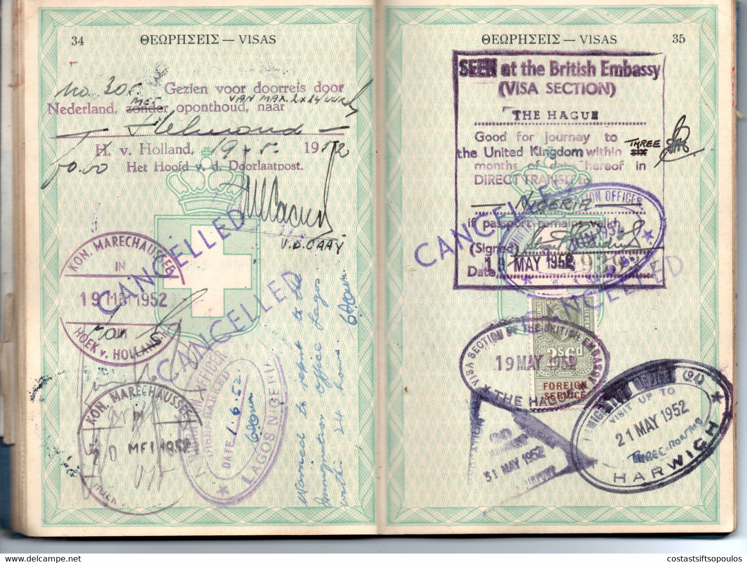 284,GREECE,NIGERIA 1946-1958 COMPLETE 72 PAGES GREEK PASSPORT MANY STAMPS AND REVENUES(125)33 SCANS