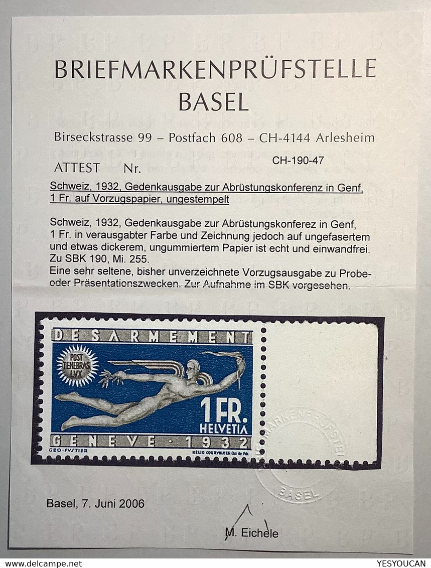 RARITÄT: 1932 Abrüstungskonferenz 1 Fr Probedruck #190P(Schweiz WW2 War 1939-45 Guerre SDN Conférence Désarmement Genéve - Neufs