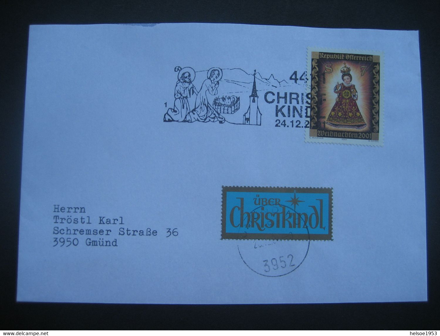 Österreich- Christkindl 24.12.2001, Bedarfs-Brief Mit Sonderstempel Und Leitzettel Gmünd - Briefe U. Dokumente