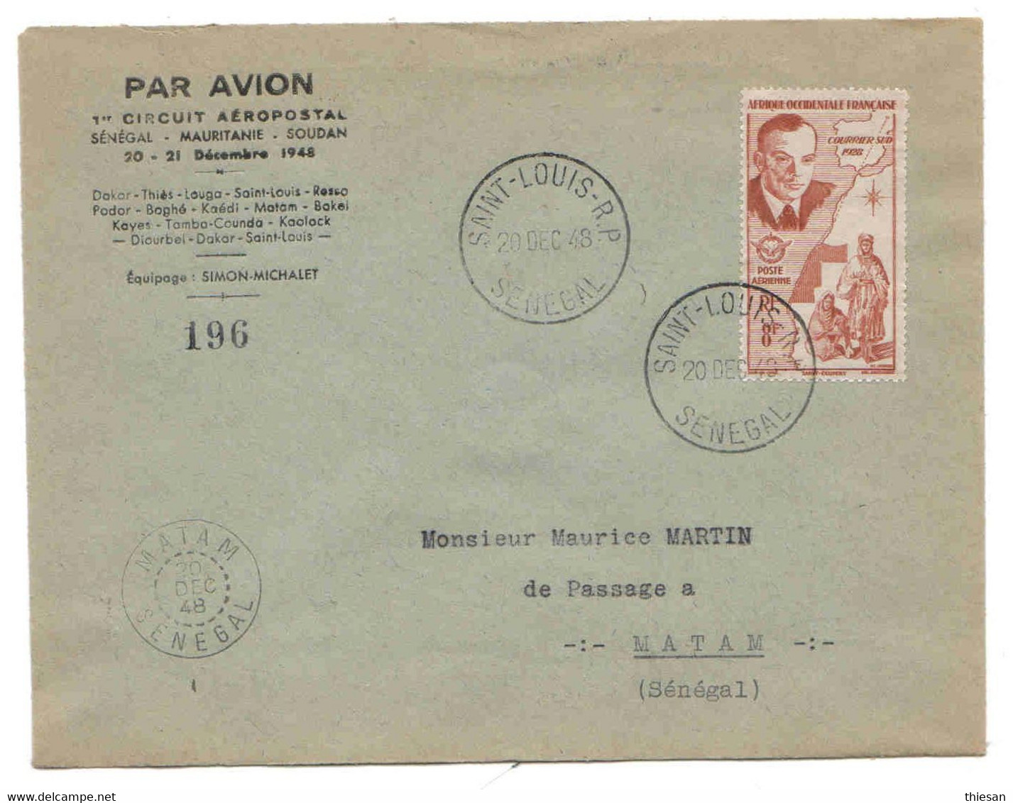 Senegal Lettre Avion St Louis Matam 1948 St Exupery Carte Sahara Espagnol Map Cover Brief Belege Carta Aeropostale - Lettres & Documents