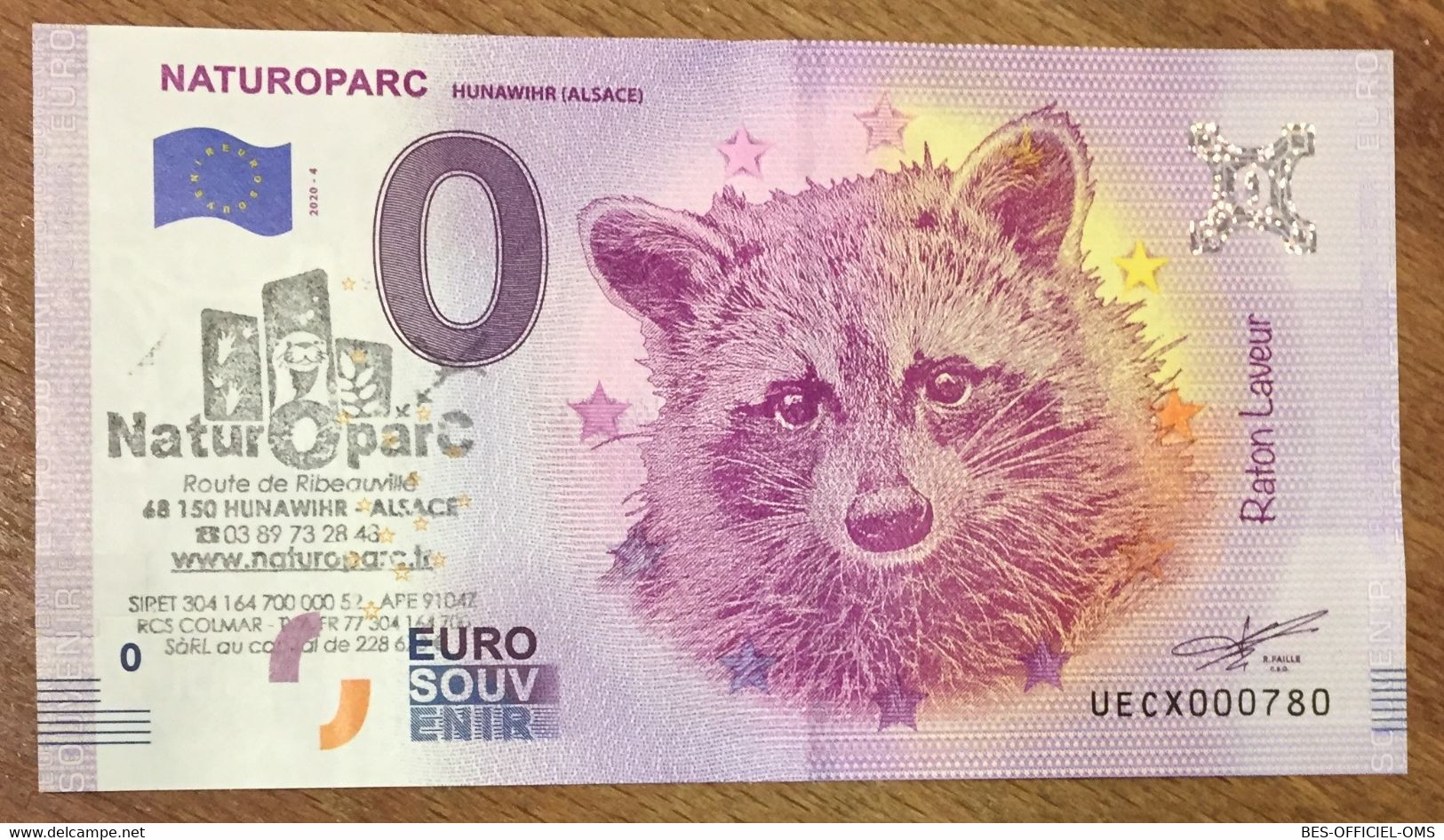 2020 BILLET 0 EURO SOUVENIR DPT68 HUNAWIHR NATUROPARC RATON LAVEUR AVEC TAMPON ZERO 0 EURO SCHEIN PAPER MONEY BANKNOTE - Private Proofs / Unofficial