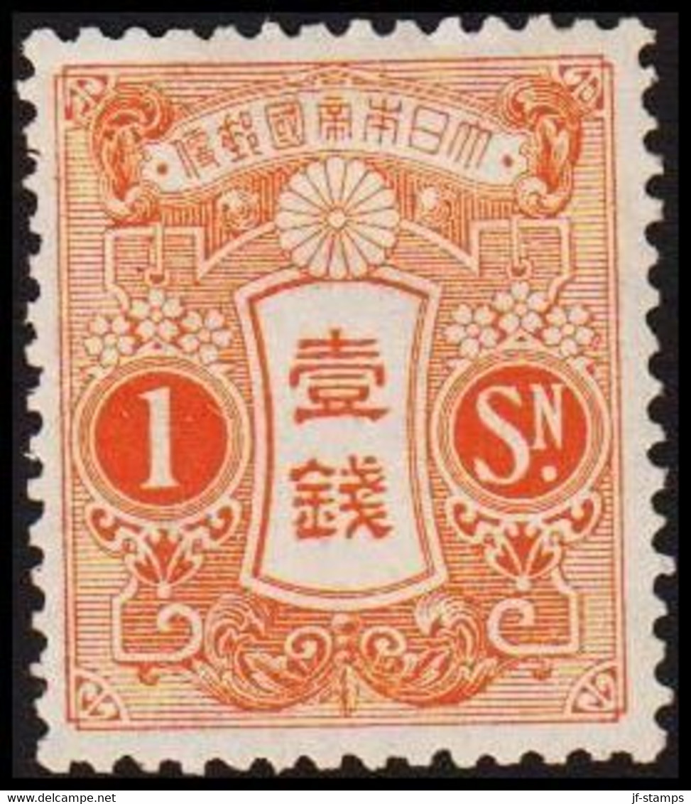 1913. JAPAN. Tazawa-type.  1 Sn. No Watermark. Hinged.   (Michel 100) - JF423945 - Unused Stamps