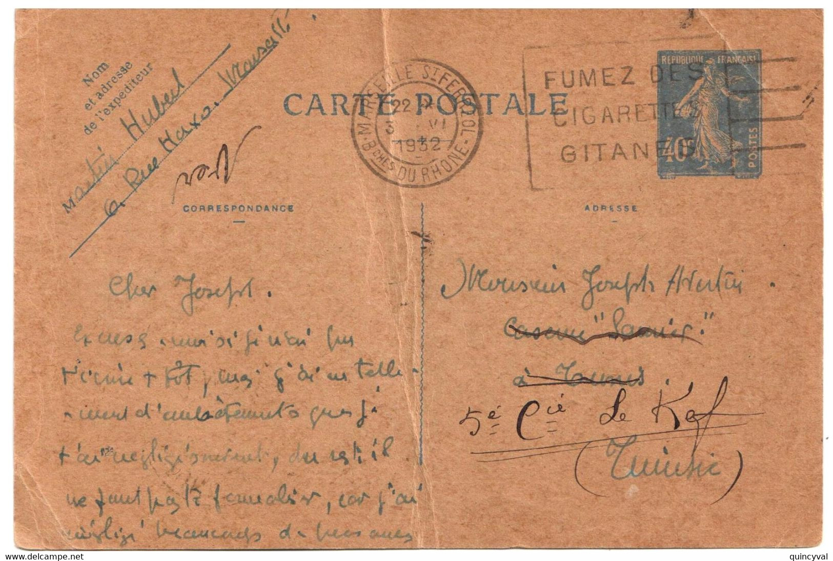 Marseille St FERREOL Carte Postale Entier 40c Semeuse Bleu Mill 126 Yv 237-CP Dest Tunis Tunisie Réexp KEF Marques Verso - Standard- Und TSC-AK (vor 1995)