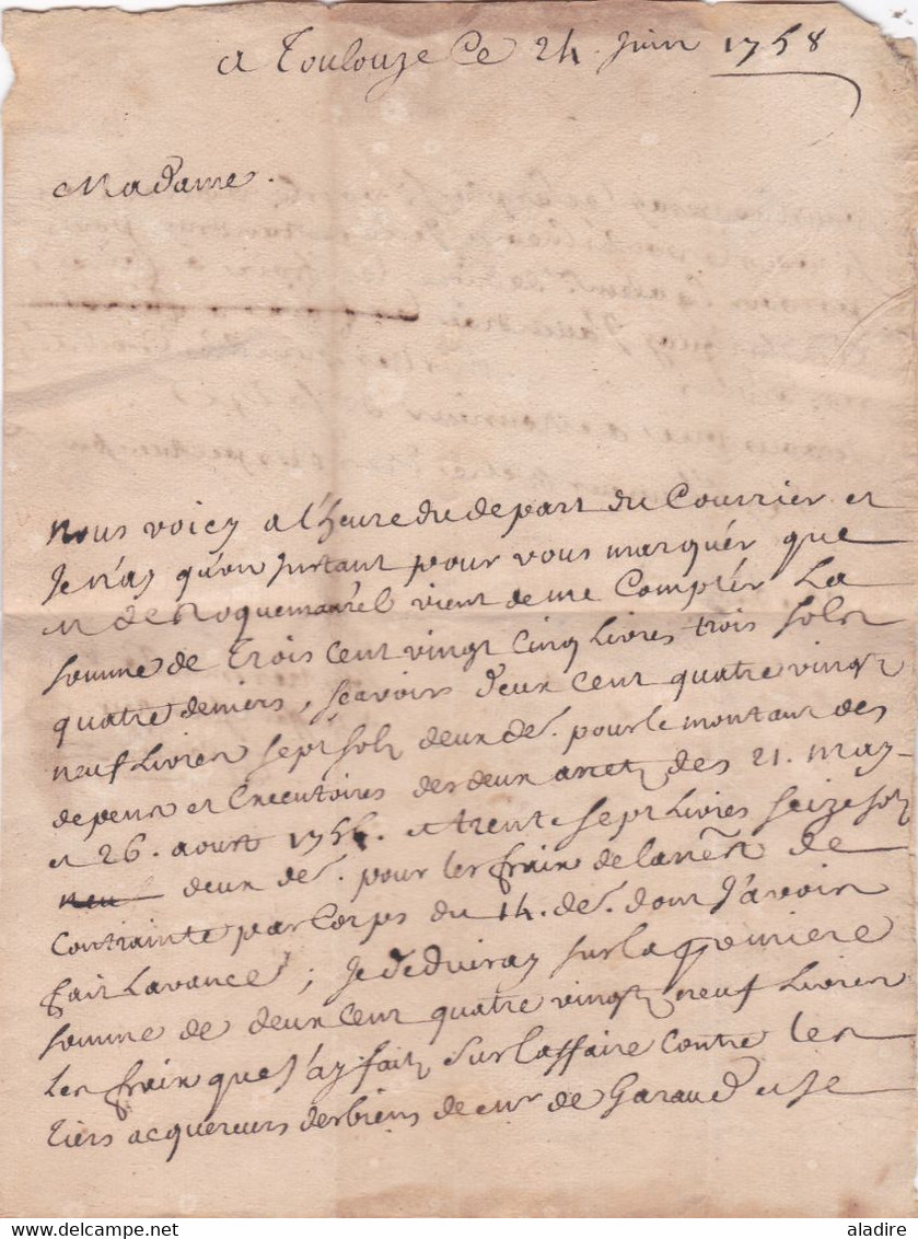 1758 - Marque Postale De Toulouse  Sur Lettre Pliée Avec Correspondance De 3 Pages Vers Montpellier - Taxe 4 Sols - 1701-1800: Precursori XVIII