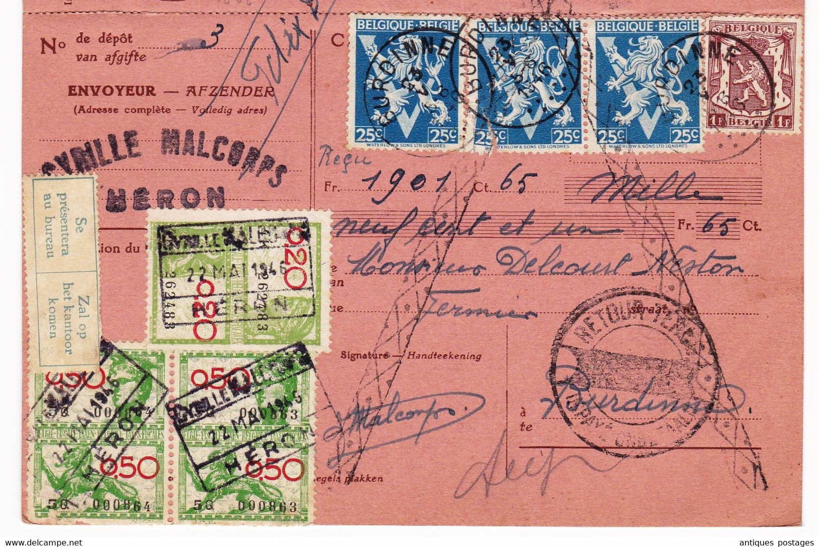 Bulletin De Versement Burdinne 1946 Belgique Héron Cyrille Malcors Timbres Fiscaux - Documenten