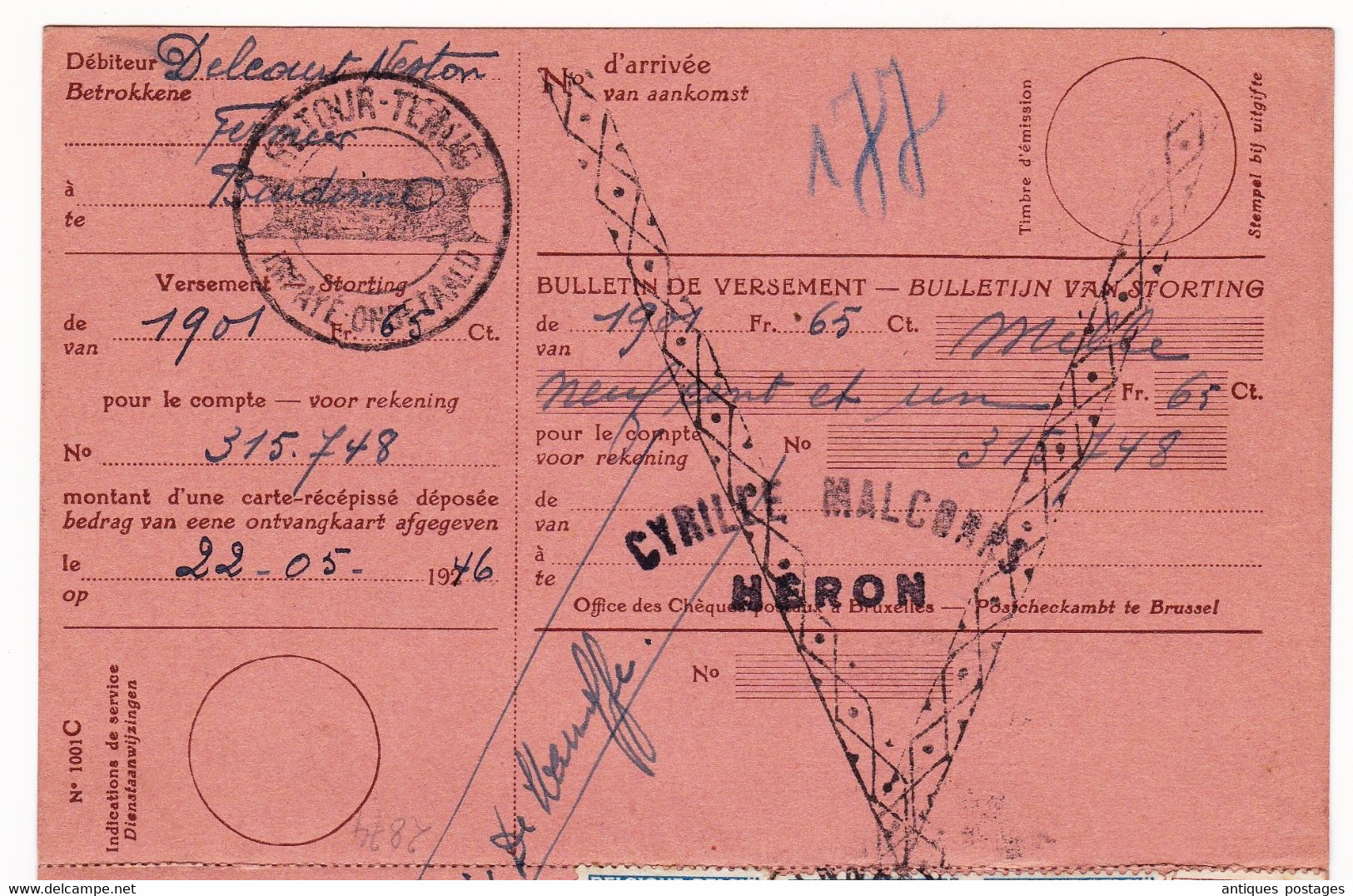 Bulletin de Versement Burdinne 1946 Belgique Héron Cyrille Malcors Timbres Fiscaux