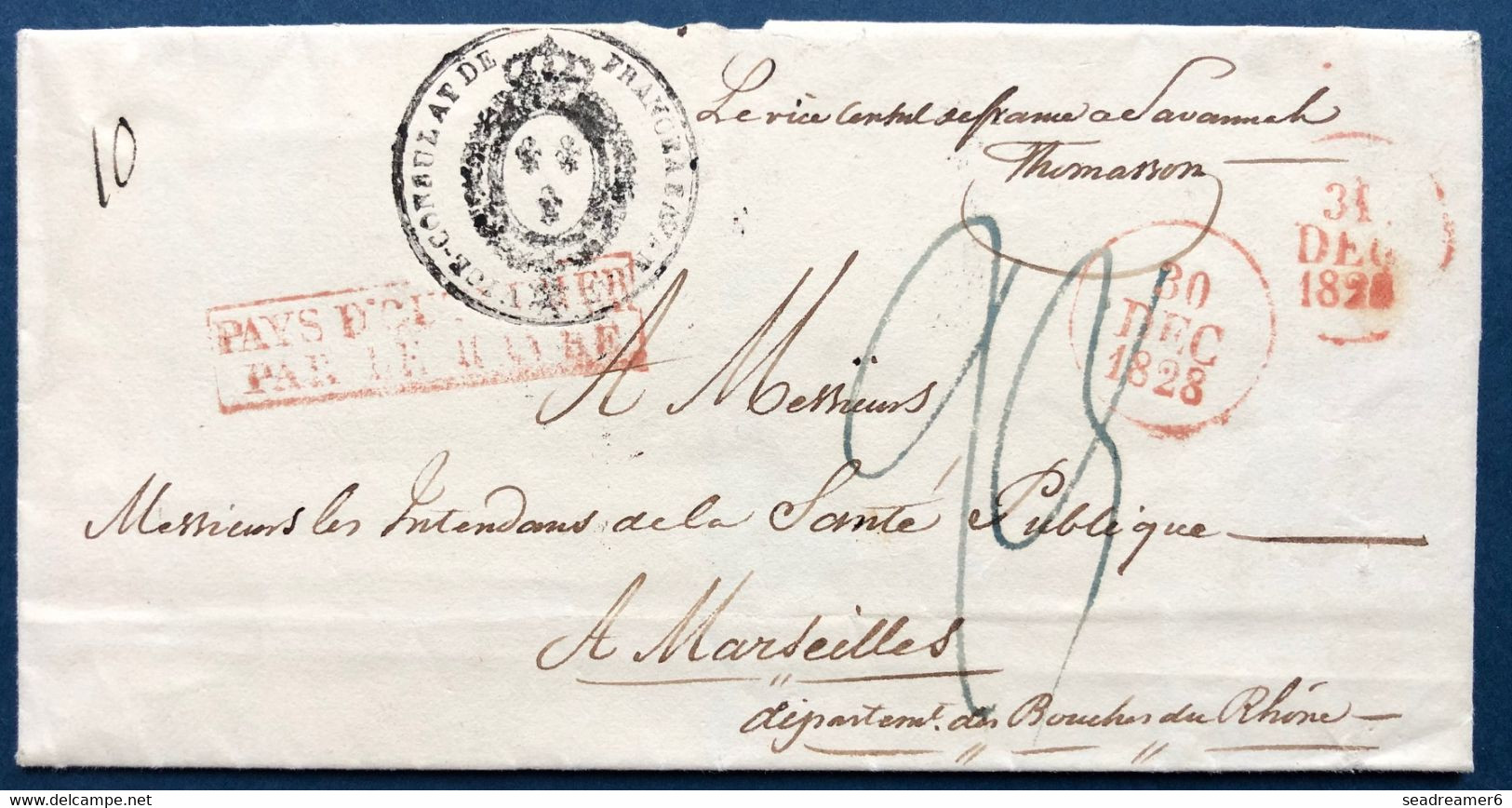 Etats Unis Lettre Précurseur De Savannah Dec 1828 Pour Marseille Par L'ambassade De France à Savannah + Pays D'outremer - …-1845 Voorfilatelie