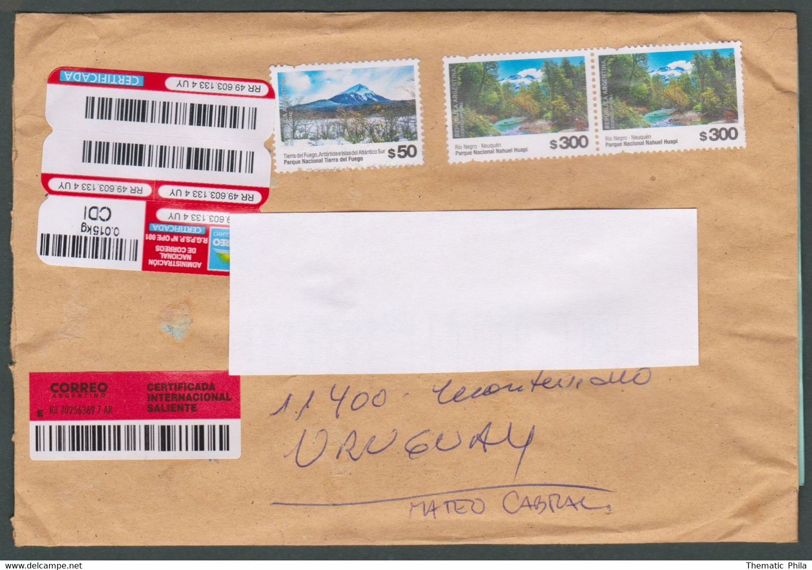 2020 Argentina Circulated Recommended Cover To Montevideo Uruguay - Tierra Del Fuego Mountains Landscape - Cartas & Documentos