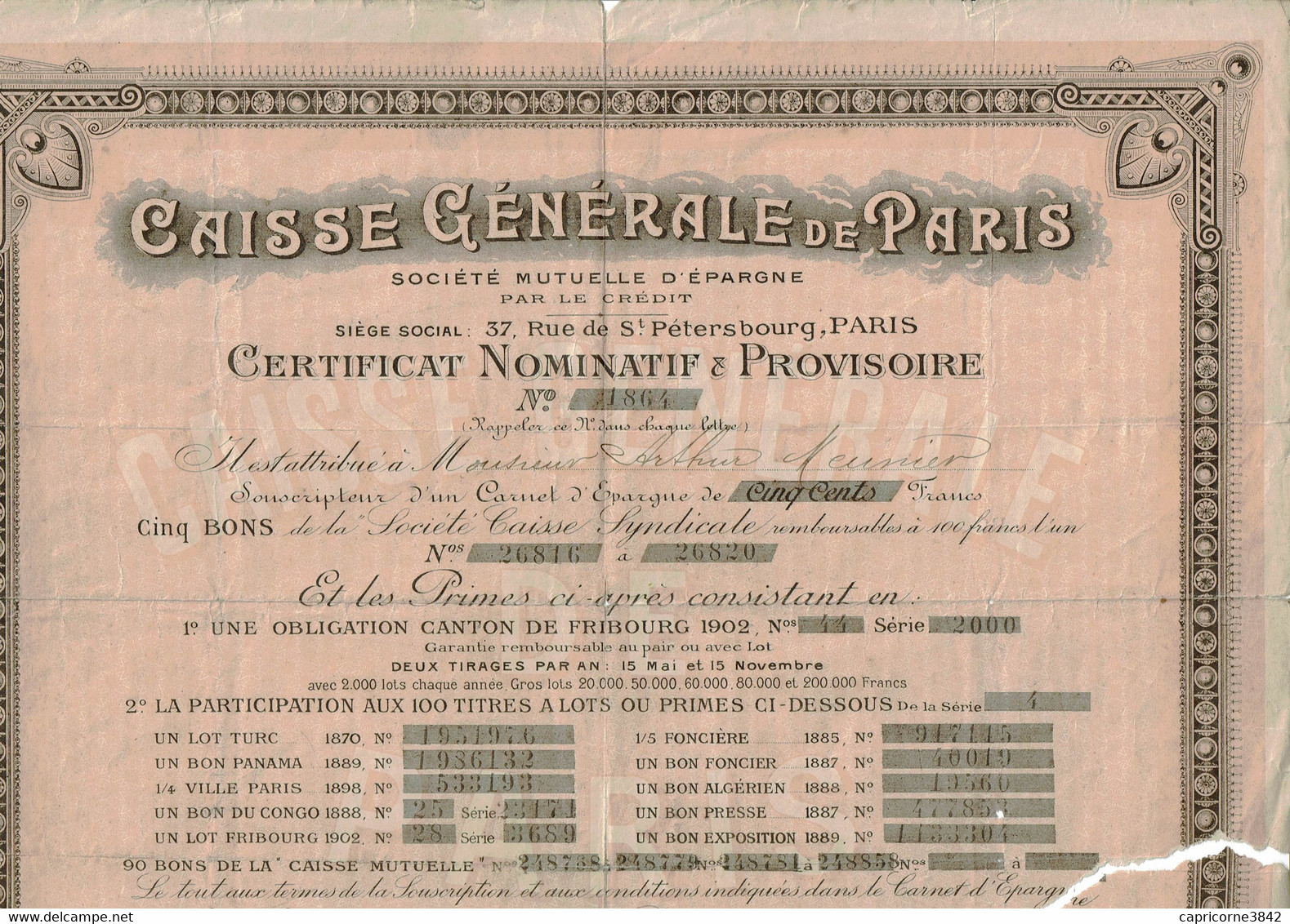 1907 - Carnet D'épargne De La CAISSE GENERALE DE PARIS + 1 Certificat Nominatif Provisoire (très Usagé) - Bank & Versicherung