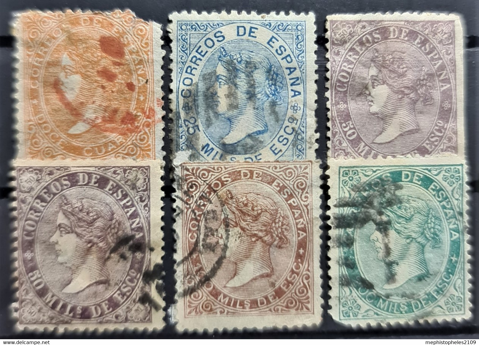 SPAIN 1867/68 - Canceled - Sc# 90, 96, 97, 97, 100, 101 - Usados