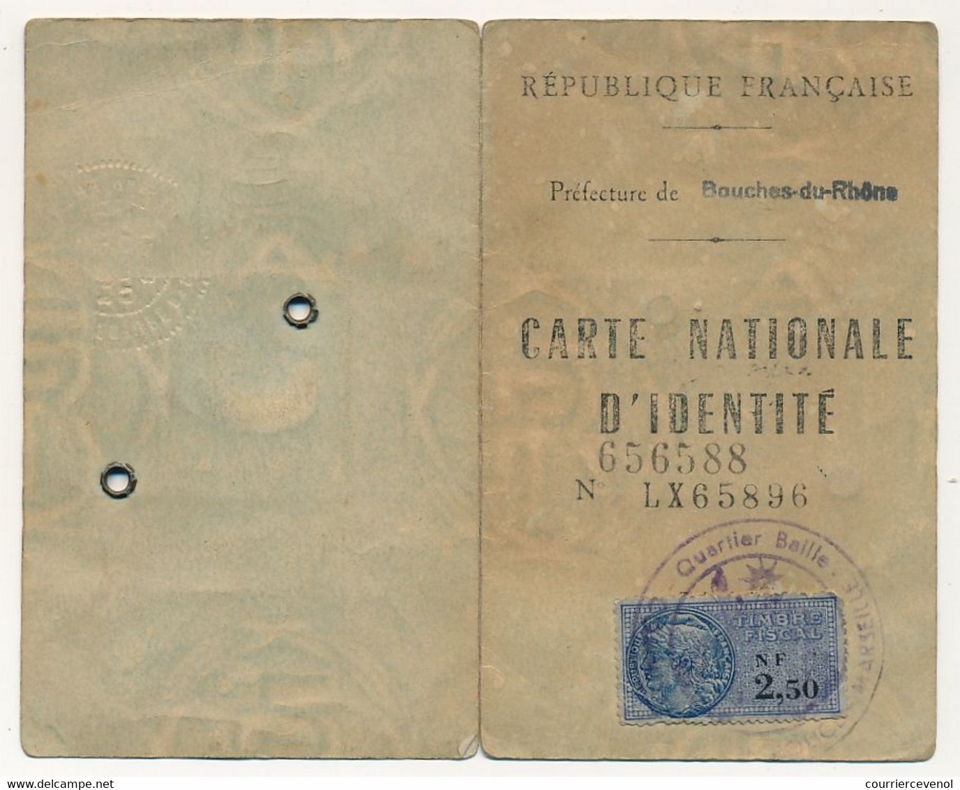 Timbre Fiscal Type Daussy N.F 2,50 Sur Carte Identité Française Quartier Baille (Marseille) - Other & Unclassified