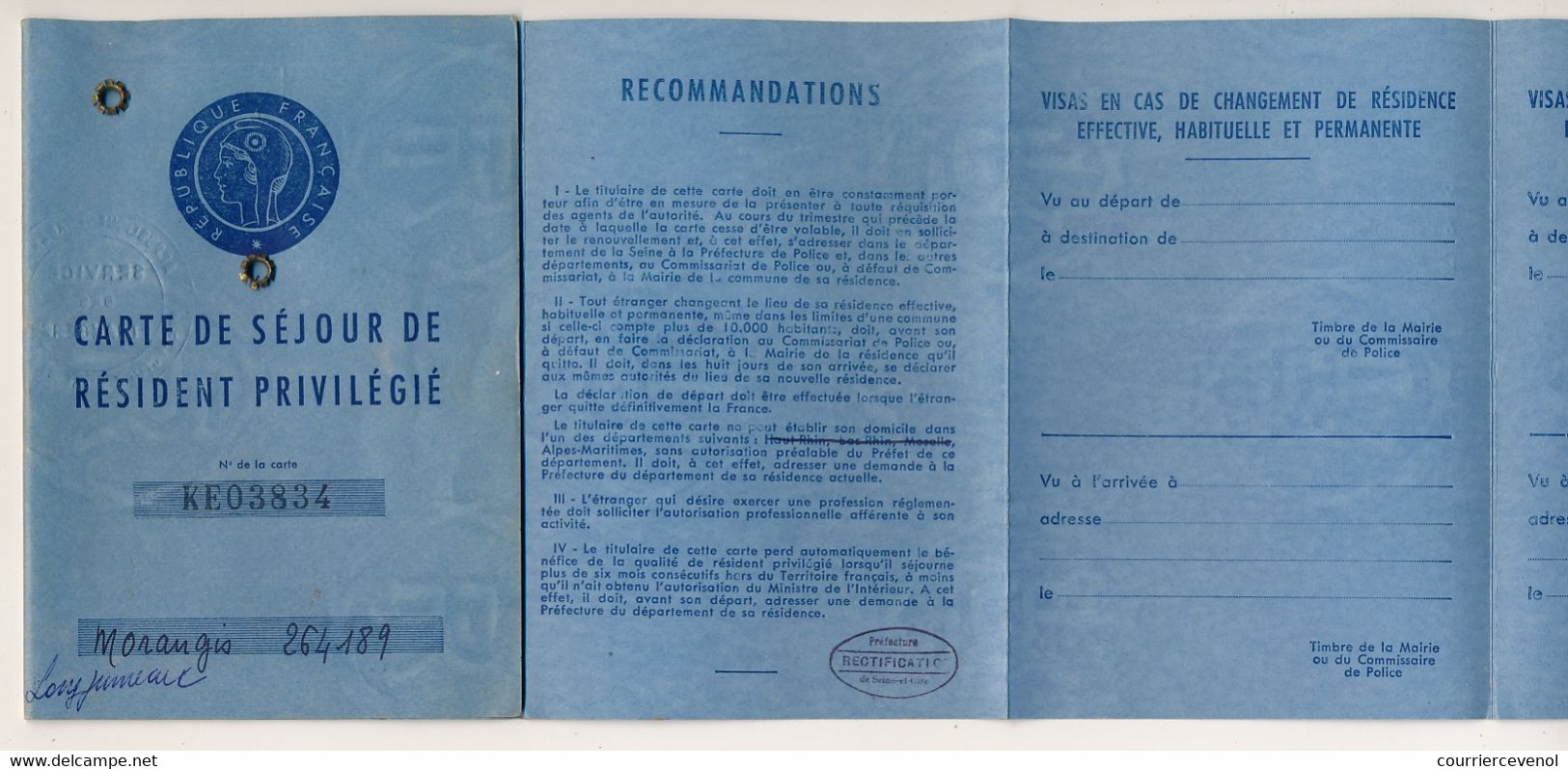 Carte De Séjour De Résident Privilégié - Aff Fiscal Type Daussy 480 F - 1960 - 10 Volets - Other & Unclassified