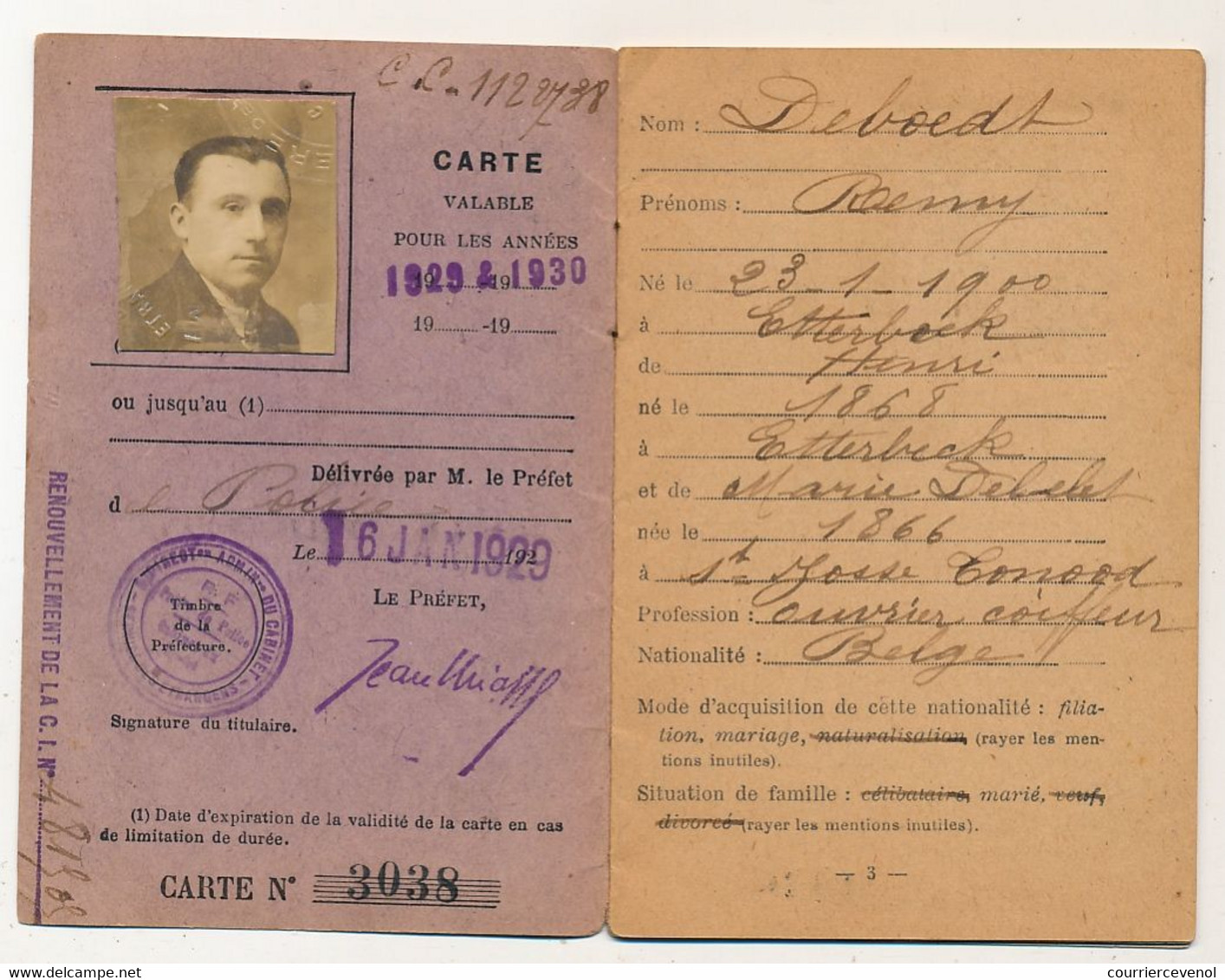 2 Cartes D'identité Pour étrangers (Nationalité Belge) 1929 Timbres Daussy "Carte D'Identité étrangers 20F" 1929 - Other & Unclassified