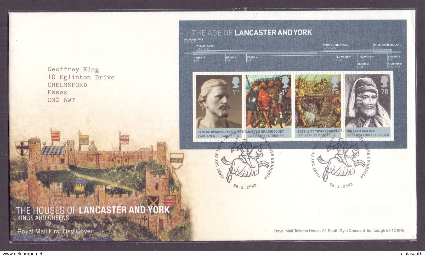 2008, Great Britain, British Royalty And History, Lancaster And York, MS With 4 Stamps On A FDC -Horse Cancellation-used - 2001-2010 Decimal Issues