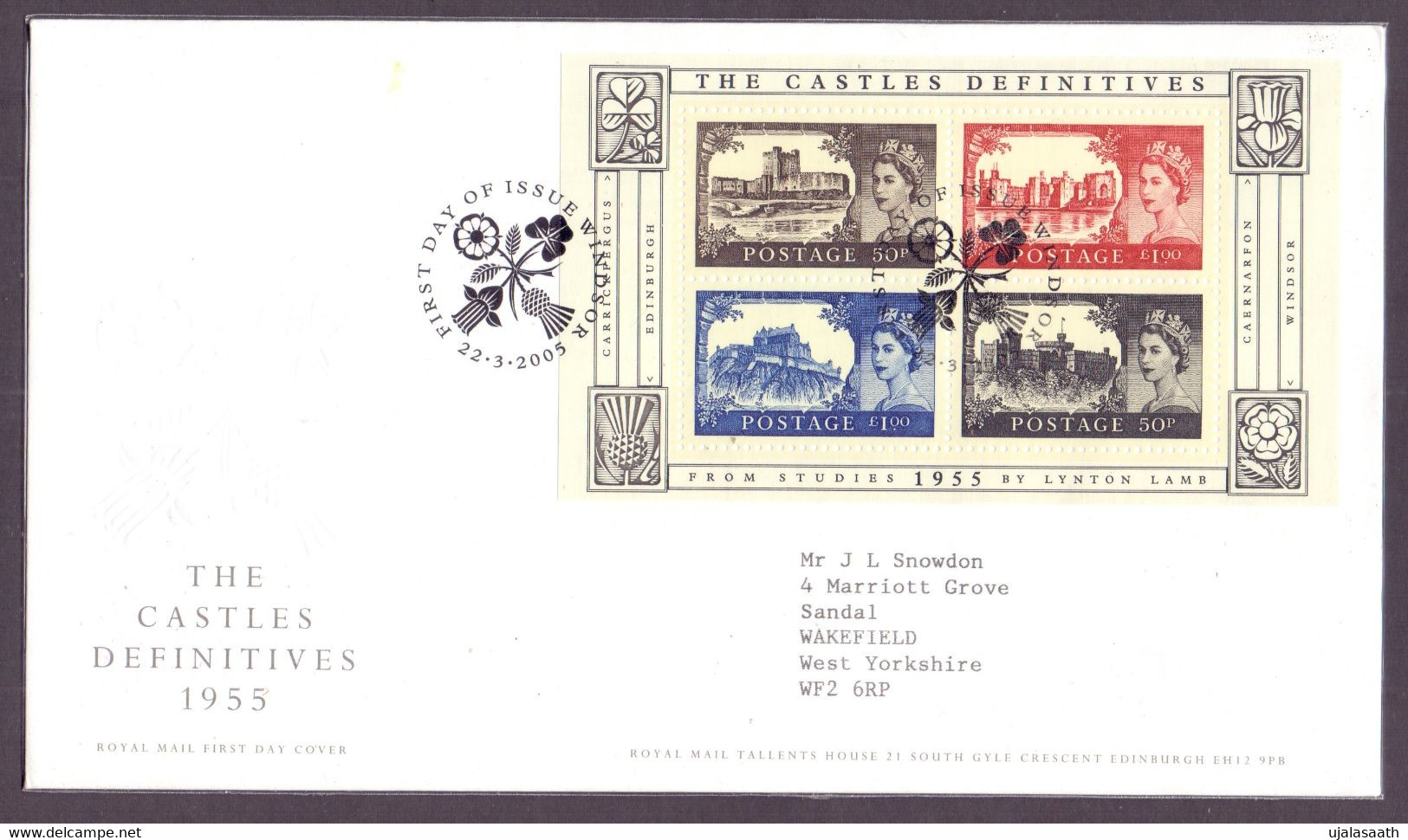 2005, Great Britain, 50th Anniversary Of Castles Type Of 1955, MS With 4 Stamps On A FDC With A Floral Cancellation - 2001-2010 Em. Décimales