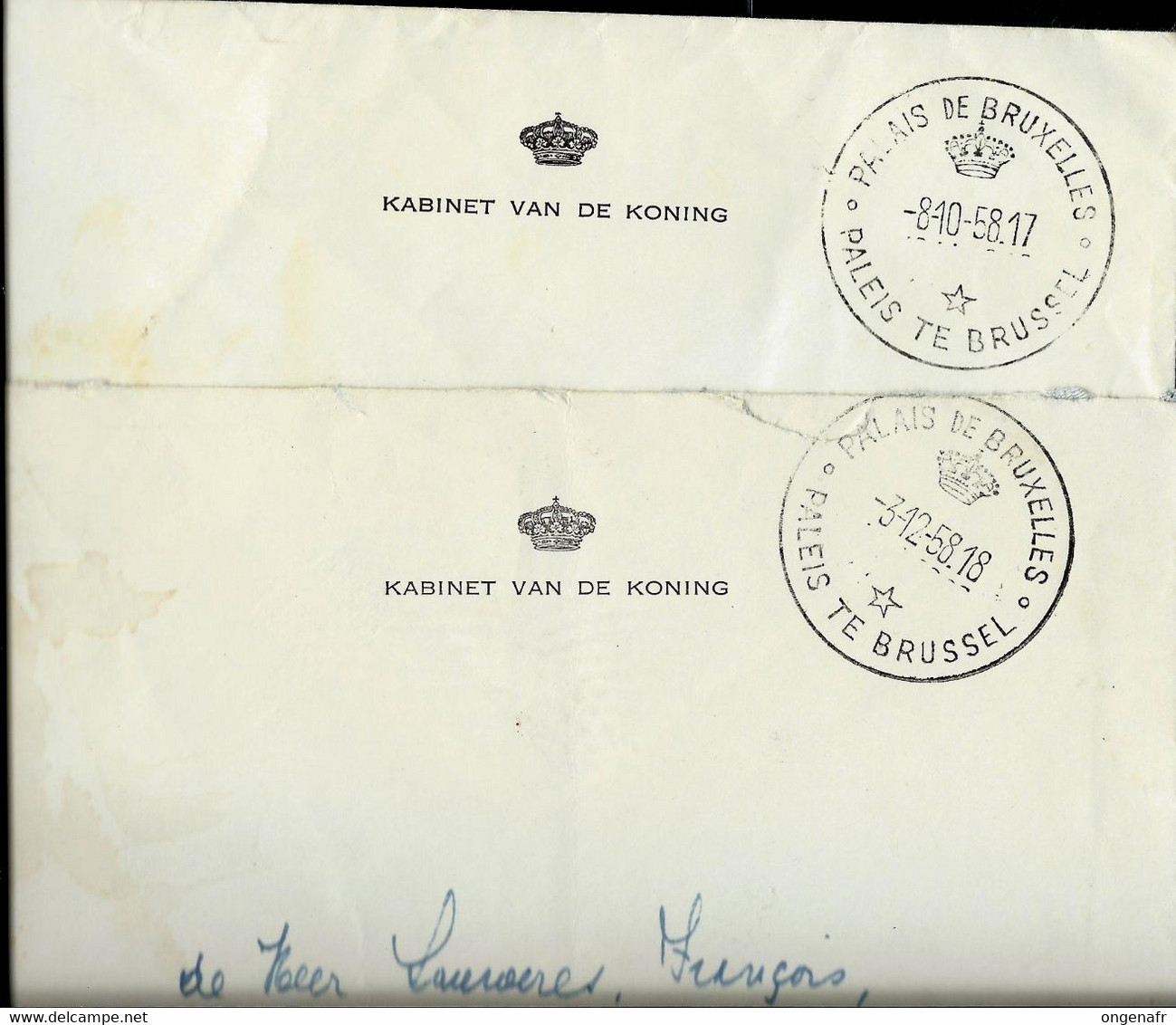 2 Enveloppe Du Cabinet Du Roi En Franchise Postale Obl. 08/10/58 Et 03/12/58 - Correo Rural