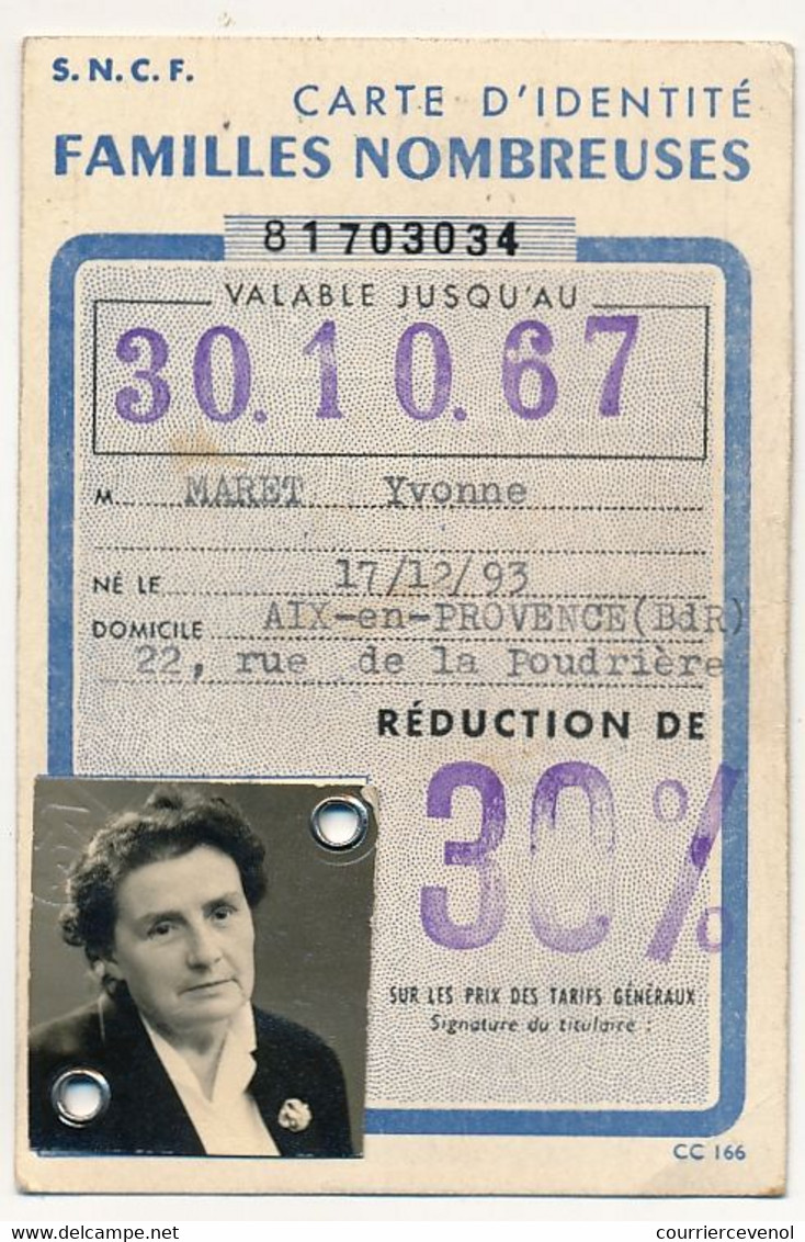 FRANCE - SNCF - Carte D'identité Familles Nombreuses, Réduction De 30% - => 30.10.1967 - Altri & Non Classificati