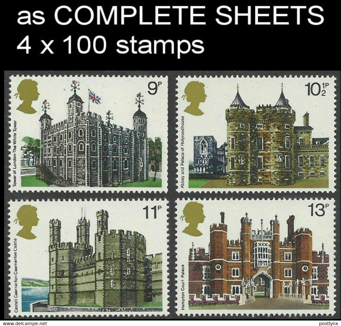 CV:€180.00 Great Britain 1978 Castles Buildings COMPLETE SHEETS:4 (4x100 Stamps) - Hojas & Múltiples
