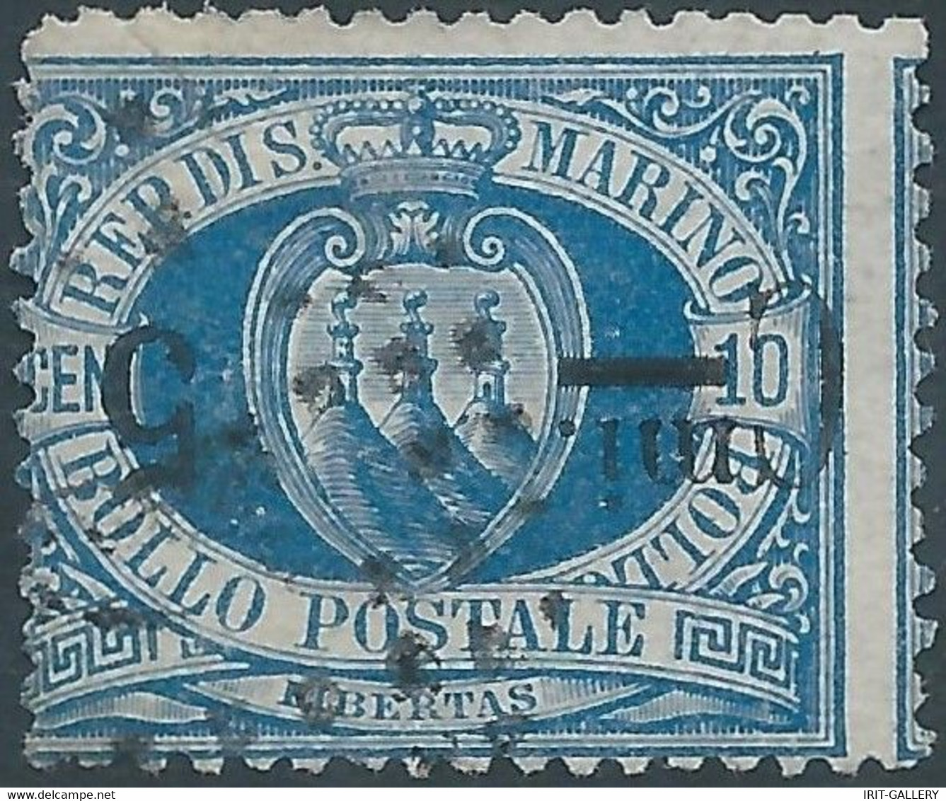 Republic Of San Marino 1892 Coat Of Arms 5/10C (OVERPRINT INVERTED) Watermark CROWN Vertical,Oblitéré - Oblitérés