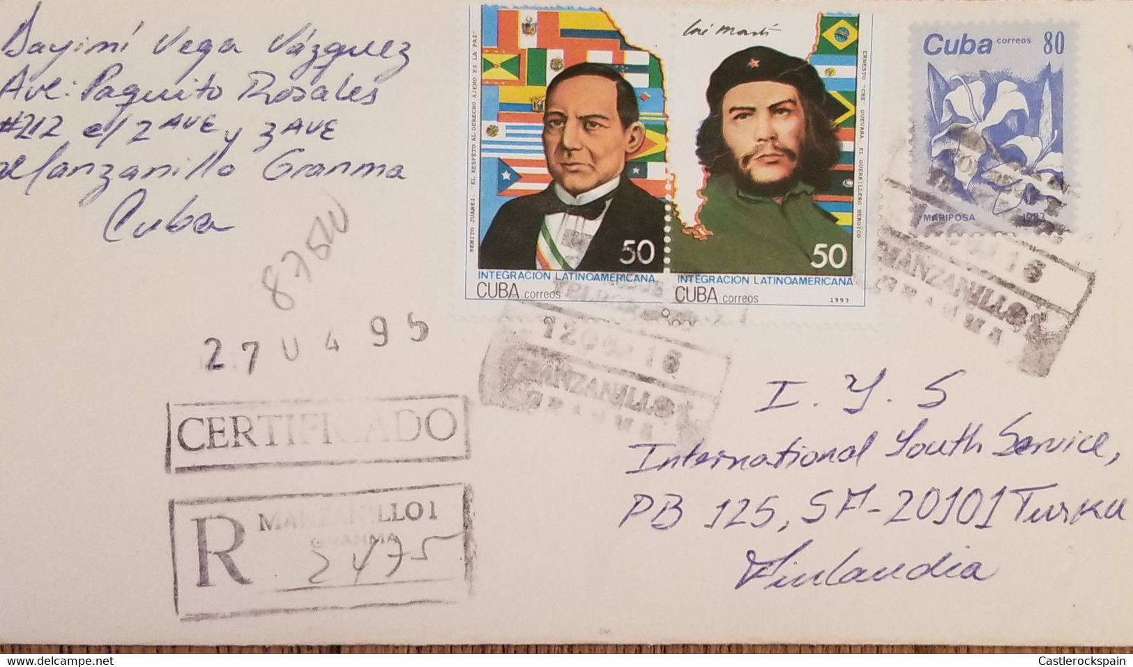 O) 1993 CUBA, CARIBBEAN, LATIN AMERICAN REVOLUTIONARIES, BENITO JUAREZ, ERNESTO CHE GUEVARA, REGISTERED MANZANILLO, TO F - Briefe U. Dokumente