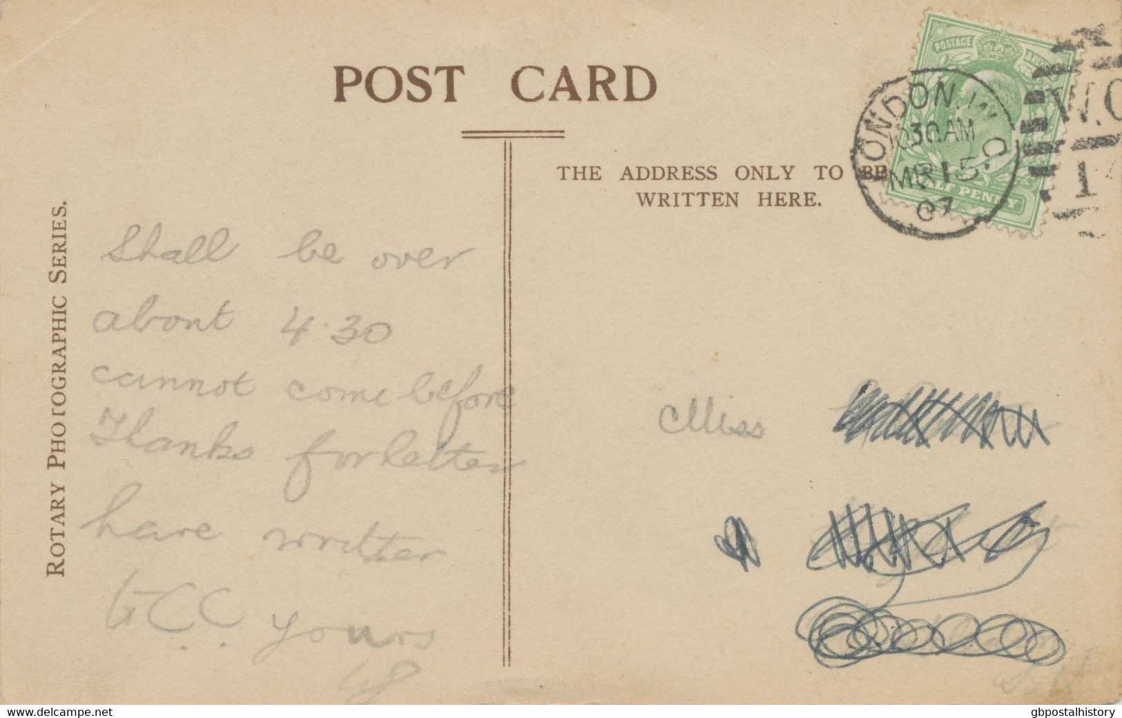 GB 1907 EVII 1/2d Yellow-green On Fine B/w Pc RP Duplex "LONDON.W.C. / W.C / 14" - Storia Postale