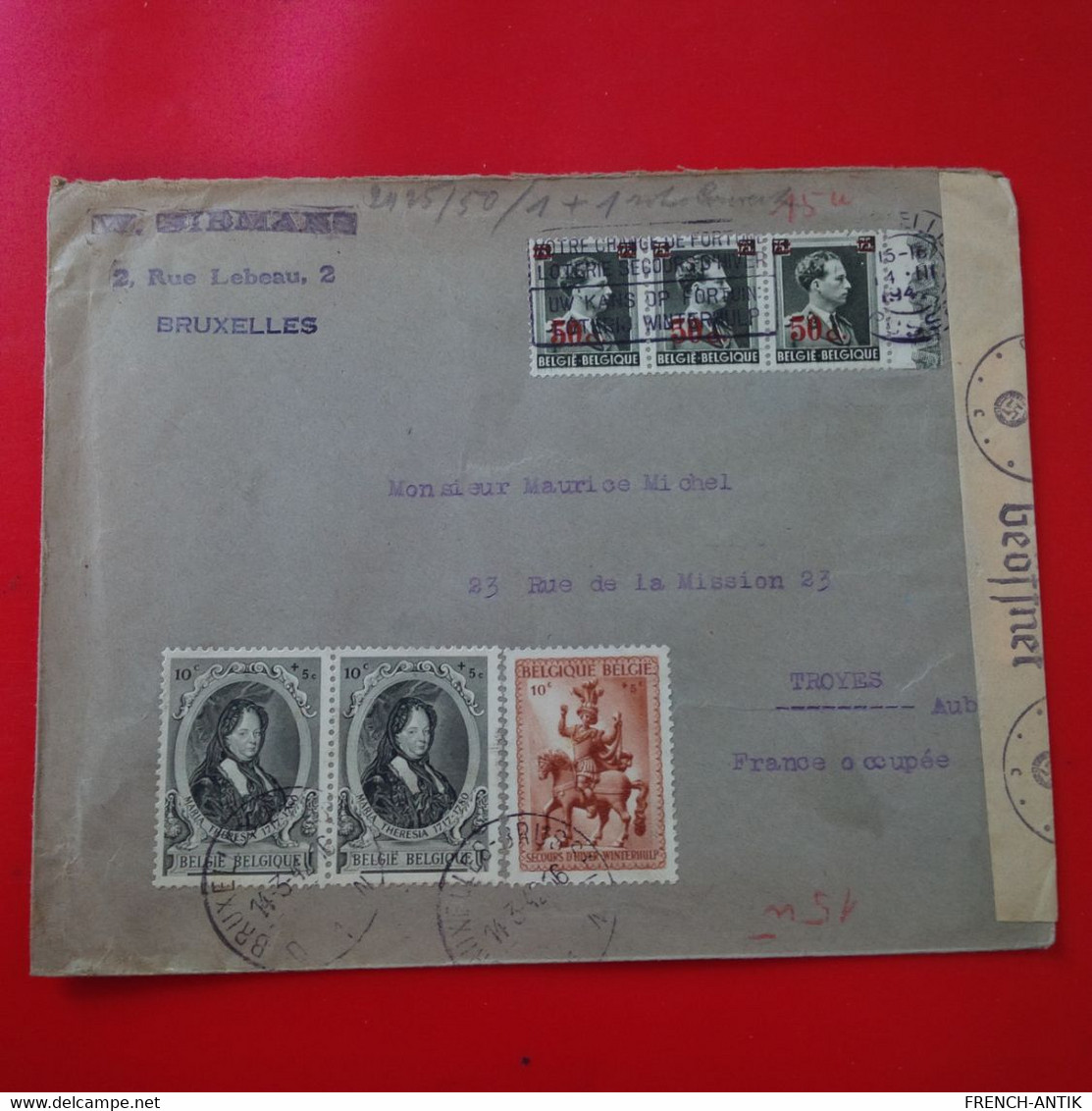 LETTRE RECOMMANDE BRUXELLES CACHET OBERKOMMANDO DER WEHRMACHT CENSURE POUR TROYES FRANCE OCCUPEE 1941 - WW II (Covers & Documents)