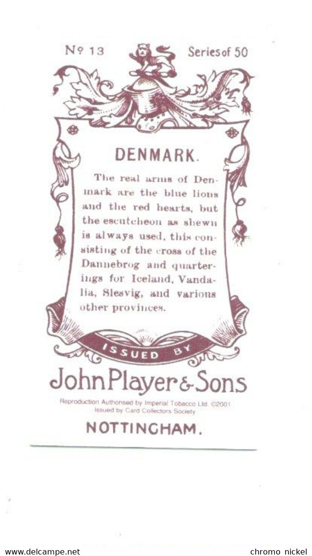 DENMARK Danemark Drapeau Flag  Emblem Cigarettes John Player & Sons TB   Like New 2 Scans - Player's