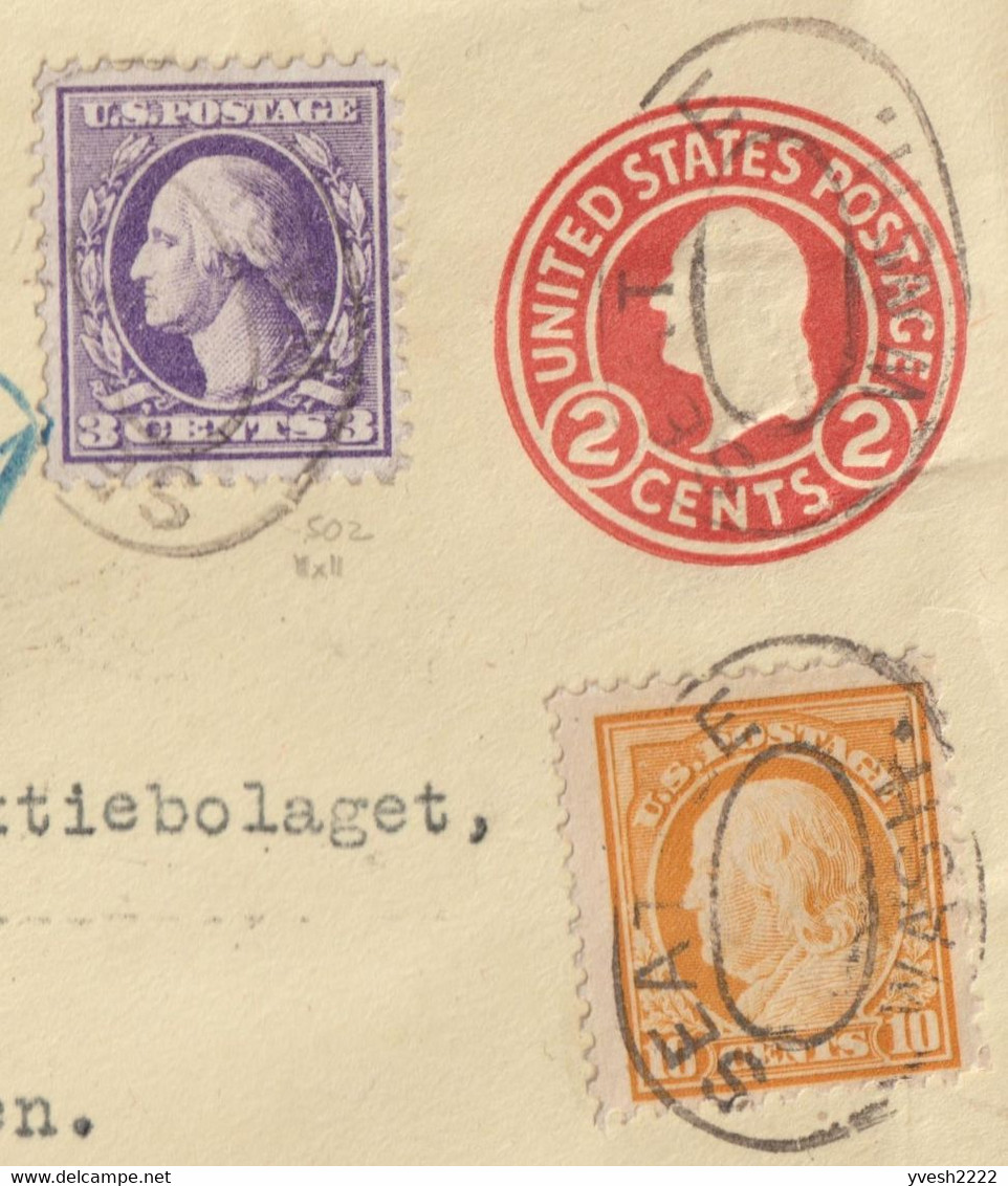 USA 1919. Entier Postal Semi-officiel. Dexter Horton National Bank. + 3 Et 10 C, Recommandé Pour Carlshamn, Suède - 1901-20