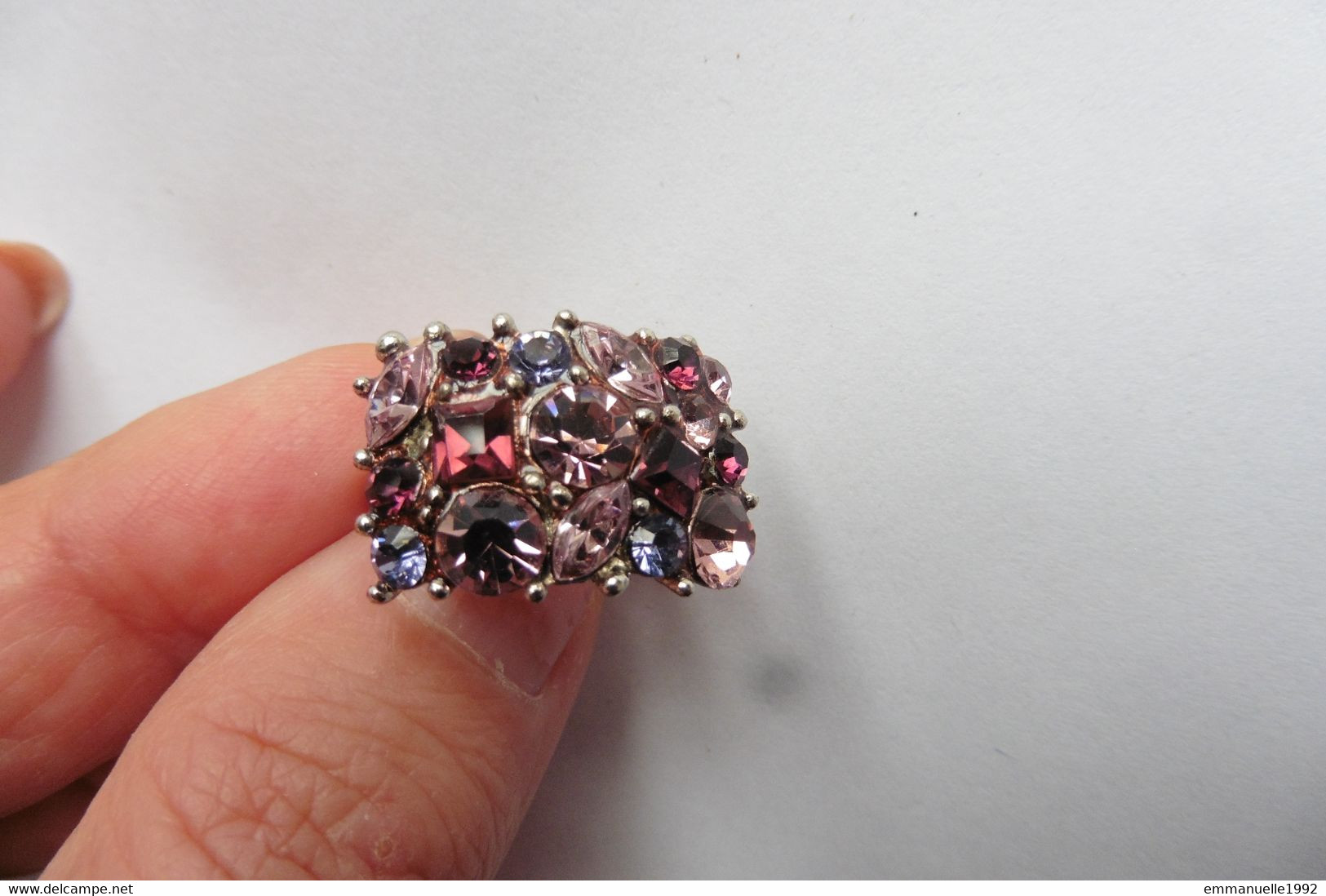 Bague Réglable En Métal Argenté Et Cristaux Strass Rose Mauve Violet Prune - Anillos