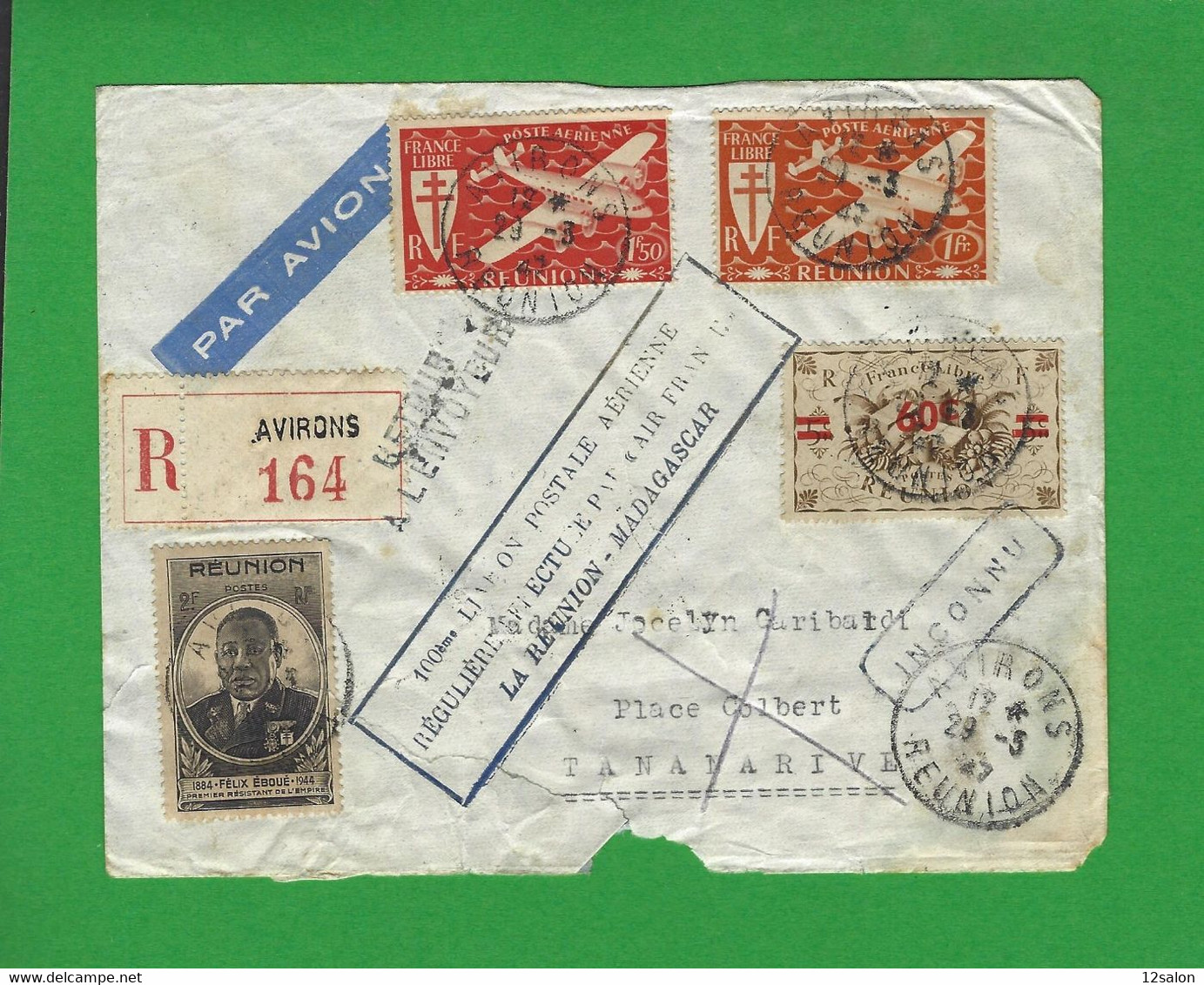 AVIRONS REUNION - 1947 LETTRE Par AVION 100éme Liaison Postale Aérienne LA REUNION MADAGASCAR - Luftpost