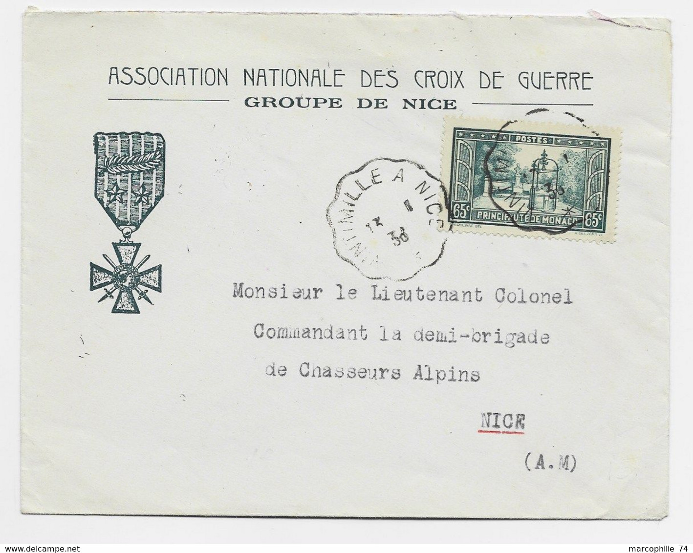 MONACO 65C  CONVOYEUR VINTIMILLE A NICE 13.1.1938 LETTRE COVER ENTETE ASSOCIATION DES CROIX DE GUERRE GROUPE DE NICE - Briefe U. Dokumente