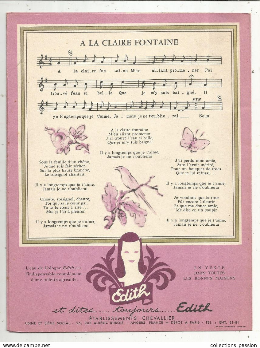 Protége Cahier, CHANSONS DE FRANCE ,eau De Cologne EDITH, Illustrateur Mercier, à La Claire Fontaine, Frais Fr 2.15 E - Schutzumschläge