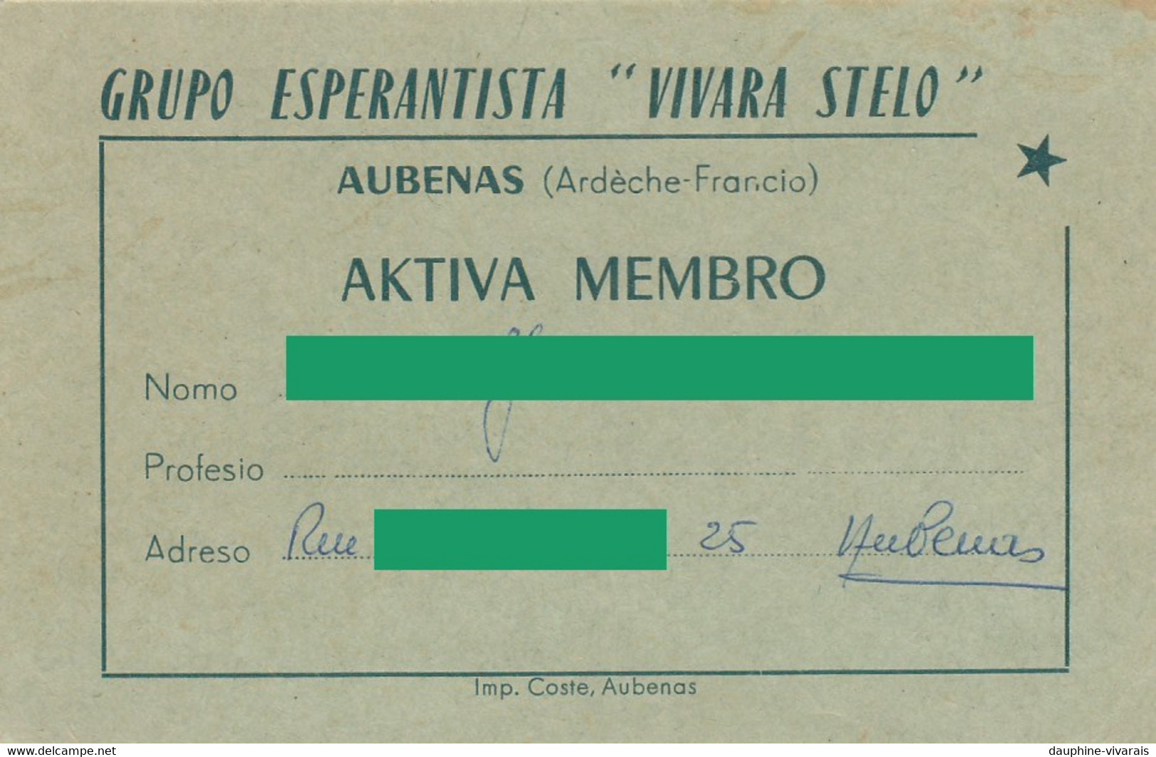 VIEUX PAPIERS -  CARTE DE MEMBRE - GROUPE ESPERANTISTE VIVARA STELO - AUBENAS 07 ARDECHE -1964 - ESPERANTO - Cartes De Membre