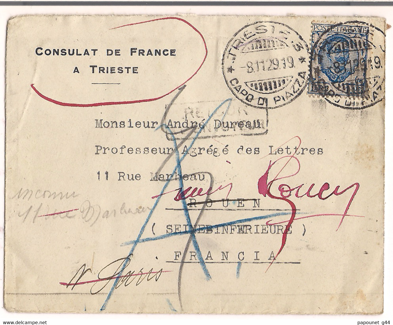 Lettre ( Consulat De France à Trieste Destination Rouen ) Francia ( Voie Inconnue à L'arrivée à Rouen ) - Altri & Non Classificati