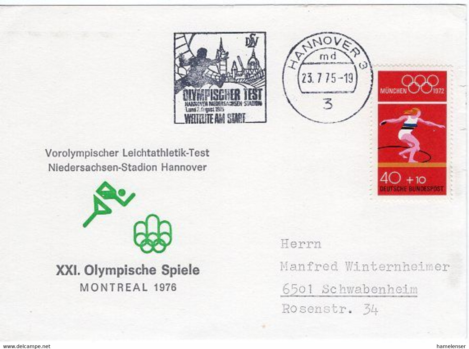 49287 - Bund - 1975 - 30Pfg. Diskuswerferin EF A. Kte. M. Masch.Stpl. HANNOVER - OLYMPISCHER TEST HANNOVER -> ... - Ete 1976: Montréal