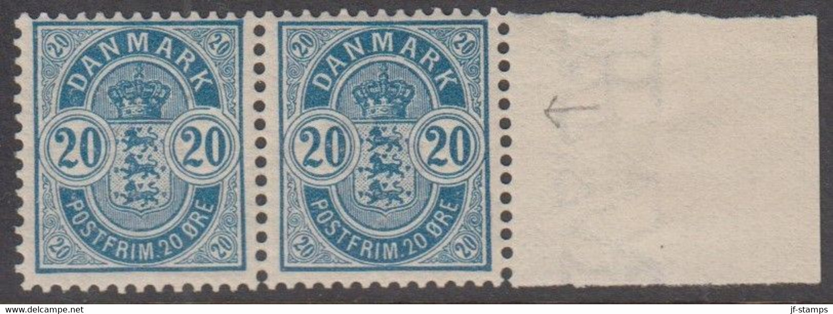 1902. DANMARK. Coat-of Arms. Large Corner Figures. 20 Øre Blue. Perf. 12 3/4. Beautif... (Michel 36B) - JF424250 - Ungebraucht