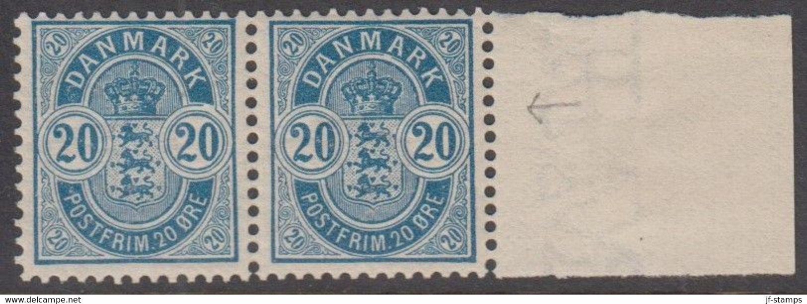 1902. DANMARK. Coat-of Arms. Large Corner Figures. 20 Øre Blue. Perf. 12 3/4. Beautif... (Michel 36B) - JF424250 - Neufs