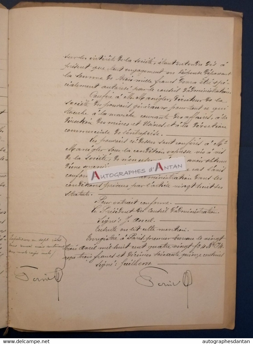 1880 Société des Bitumes d'Auvergne - Me Persil - Manigler - ingénieur Directeur - Ancel - acte manuscrit