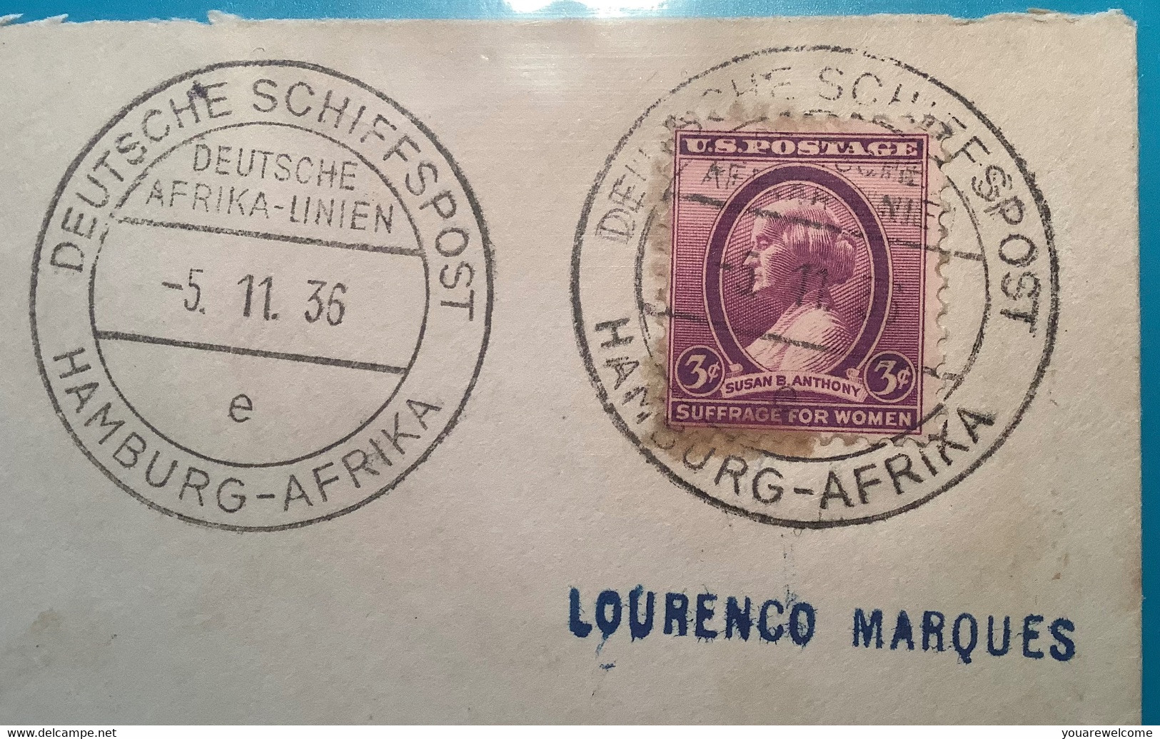 R ! „DEUTSCHE SCHIFFPOST HAMBURG AFRIKA 1936“ Brief USA Sc 784 3c Susan B. Anthony Suffrage For Women(cover Ship Mail - Briefe U. Dokumente