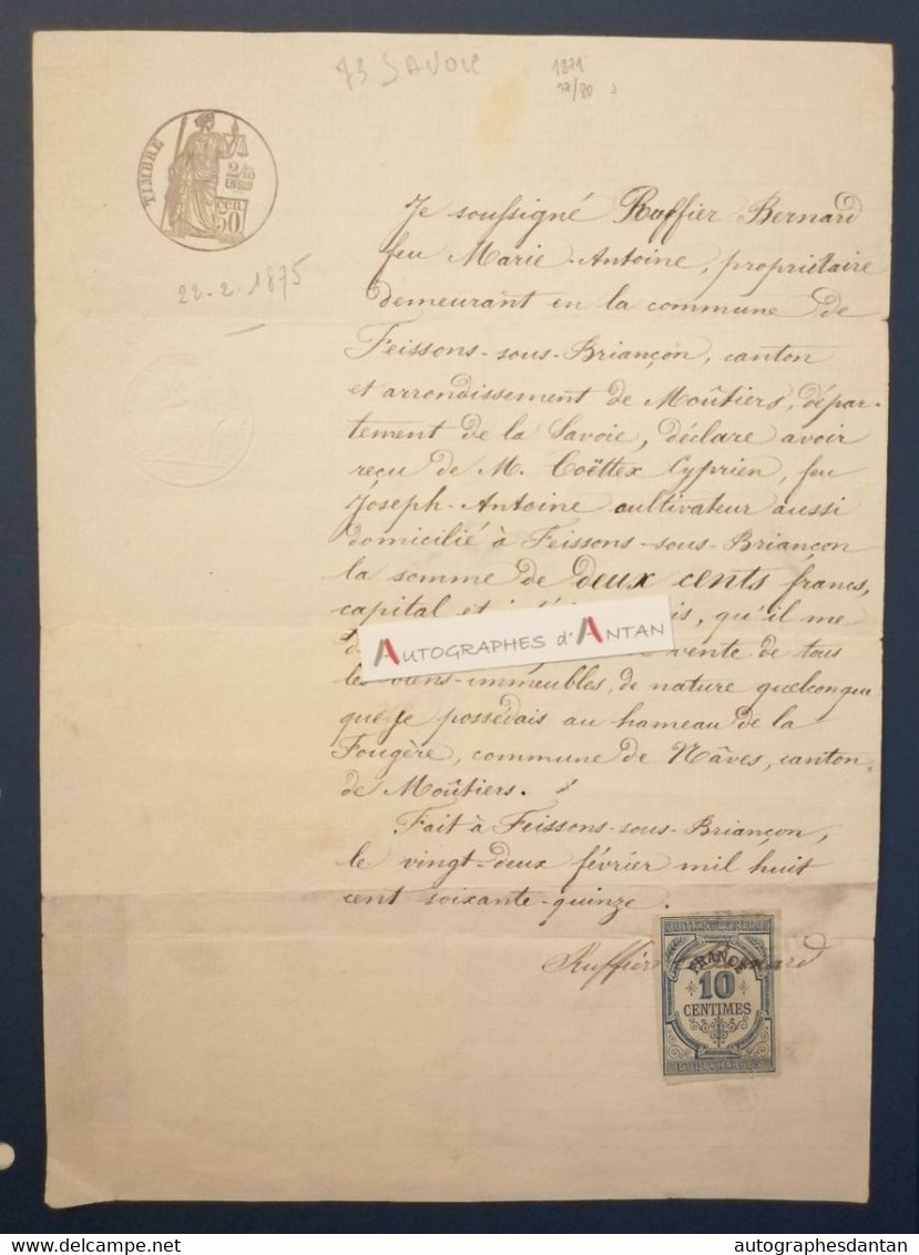 1875 Feissons Sous Briançon (sur Isère) Moutiers Savoie - RUFFIER - COETTEX Réception Somme D'argent - Timbre Quittance - Manuscripts