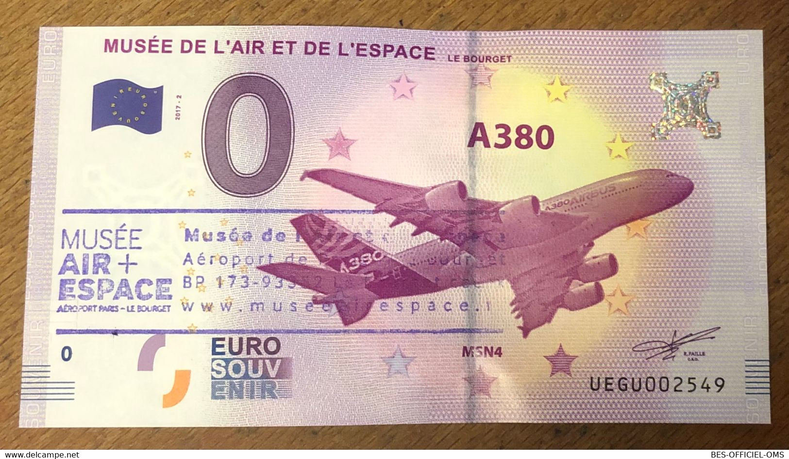 2017 BILLET 0 EURO SOUVENIR DPT 93 LE BOURGET MUSÉE DE L'AIR A380 + TAMPON ZERO 0 EURO SCHEIN BANKNOTE PAPER MONEY BANK - Privatentwürfe